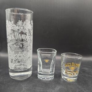Lot of Jack Daniels Glasses: 1 Highball Holiday Winter Snowflake & 2 Shot Glass